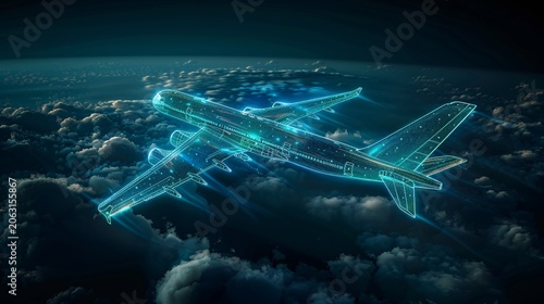 Delivery plane in flight, adorned with blue and green thin technology lines, symbolizing advanced tech.