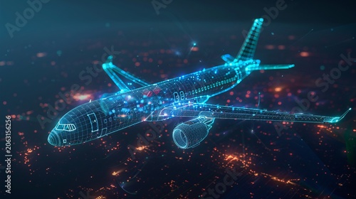Plane for delivery flying, enhanced with blue and green thin tech lines, showcasing cutting-edge technology.