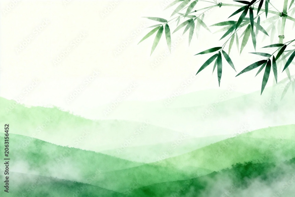 Naklejka premium Watercolor Bamboo and Misty Hills Landscape