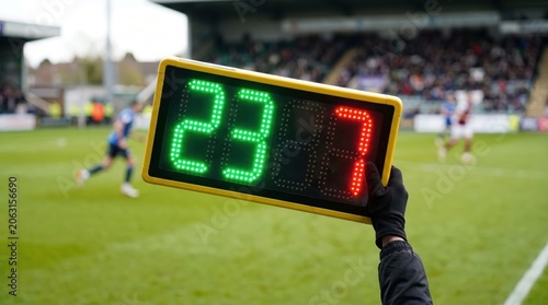 Close-up of a substitution board displaying numbers during a football match on a green field.