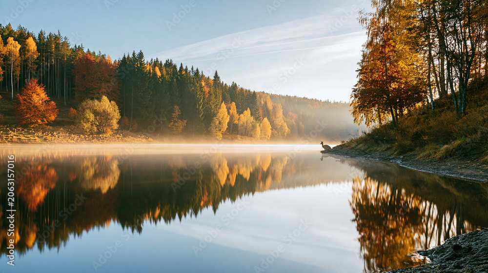 Obraz premium Peaceful Lake Scene with Autumn Forest Reflections