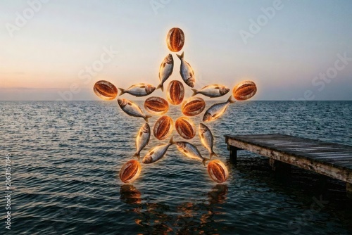 Radiant illustration of bread and fish forming a heavenly pattern, perfect for liturgy covers, devotional book covers, and inspirational social media campaigns about giving and grace.