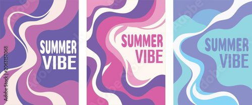 Foto Set of three abstract wavy summer vibe posters with retro groovy style