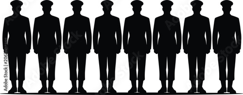 Obraz na plátně Black Silhouette of Uniformed Officers Standing in a Row at Attention, Military
