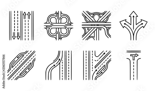 Road Intersection Highway Junction and Street Layout Outline Vector Collection