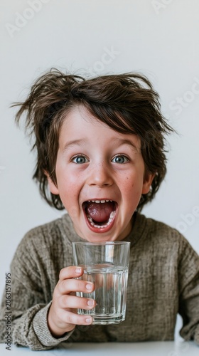 An excited boy holds a glass of water in his hands.