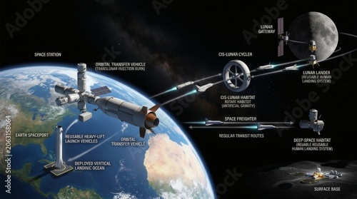 Future Space Exploration Concept Showing Earth Spaceport Orbital Transfer Vehicle Cis Lunar Habitat and Lunar Surface Base