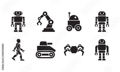 Collection of diverse robot icons representing different futuristic and industrial automation concepts