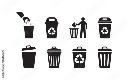 Obraz na płótnie Various trash can icons, including hand putting trash in and recycling bins with symbols