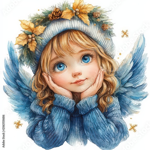 Watercolor illustration of a Christmas angel smiling peacefully. Clip art, on a white background.