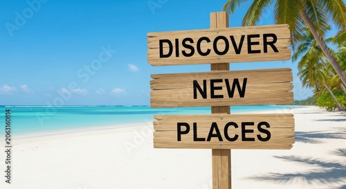 Wooden signpost with text discover new places on tropical beach