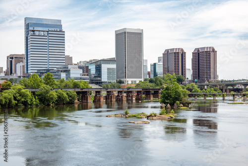Richmond, Virginia cityscape with the James River in the foreground