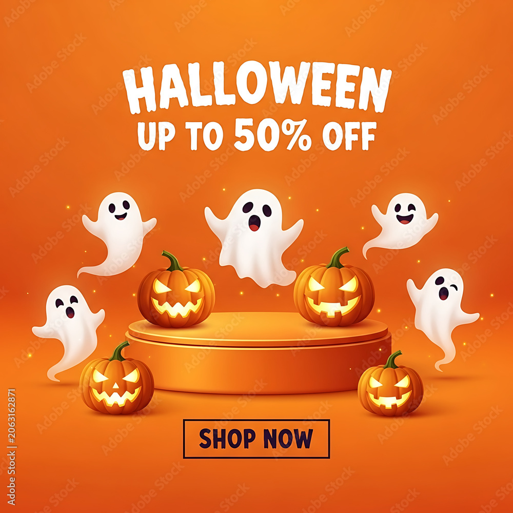 Fototapeta premium Halloween sale with ghosts and pumpkins