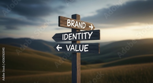 Wooden signpost with arrows labeled brand, identity, and value against a landscape