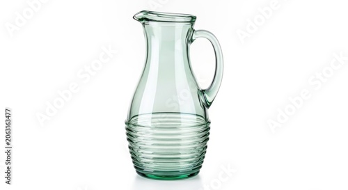 Clear Green Glass Pitcher with Ribbed Design and Handle, Isolated on White Background