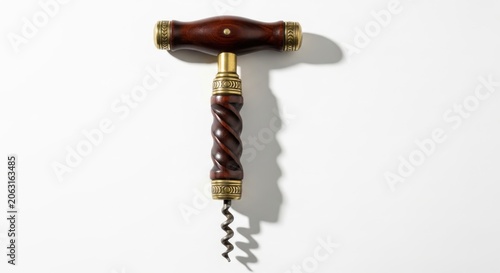Antique Corkscrew with Wooden Handle and Brass Accents, Isolated on White