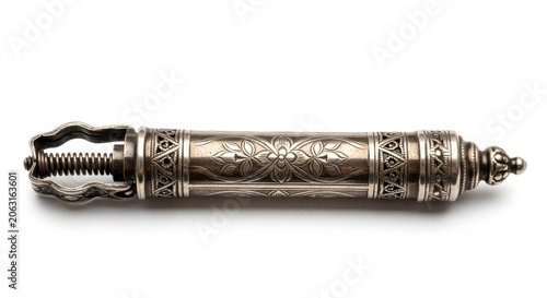 Antique Silver Etched Cigar Cutter Tool with Intricate Floral Design