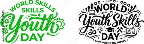 World youth skills day typographic designs featuring green and blue color schemes gears and empowering future elements