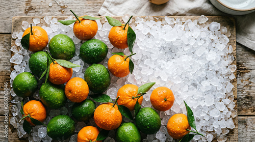 Limes and mandarins surrounded by cold vapor