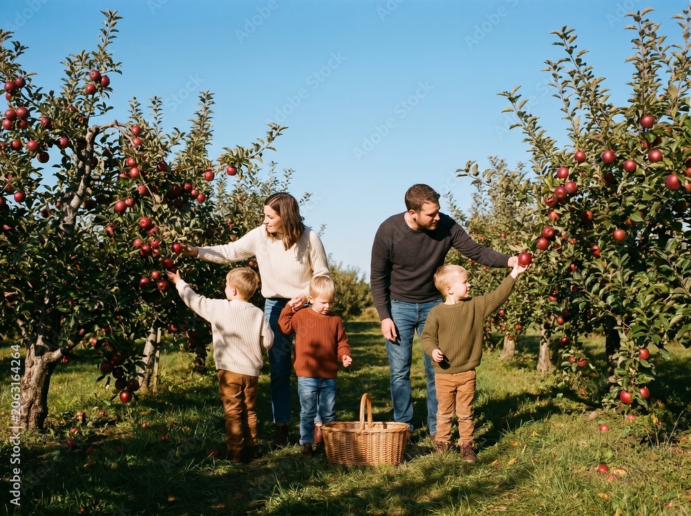 Fototapeta premium Family picking apples together in an orchard on a sunny autumn day