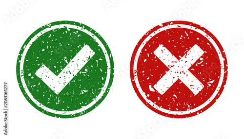 Grunge Check Mark and Cross Mark Stamp Set with Red and Green Circle Icons
