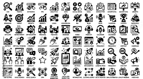 Create marketing icons with black and blue colors for business and technology