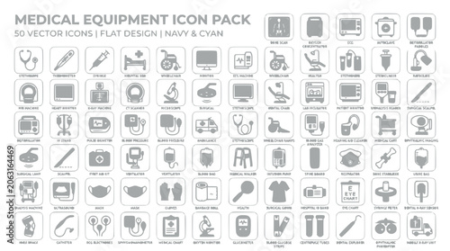 Medical equipment icon sheet features various healthcare tools and devices
