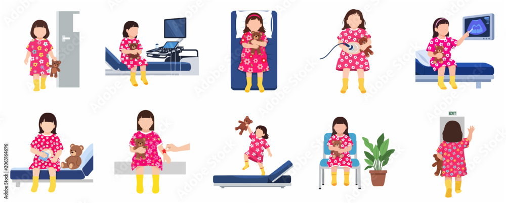 Fototapeta premium Child Patient Medical Exam Illustration Set Featuring Little Girl with Teddy Bear and Ultrasound Scan