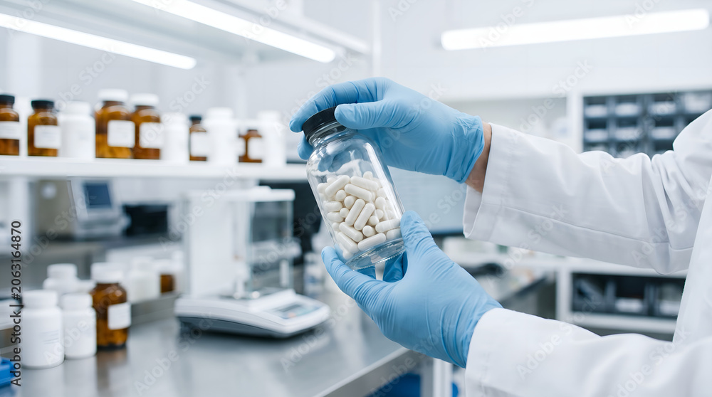 Fototapeta premium Pharmacist holds a glass bottle filled with white medical pills inside a professional drug manufacturing facility.