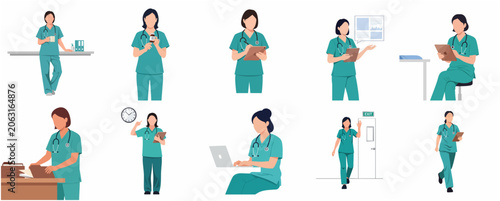Set of female nurse character illustrations in various poses and medical activities, performing daily hospital tasks, vector flat design isolated on white background