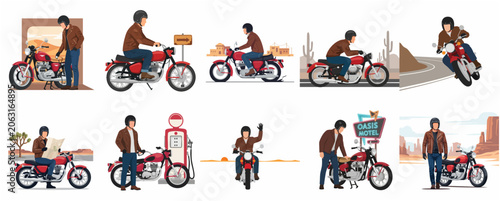 Foto Vector illustration set of a man on a motorcycle road trip across the desert, featuring a vintage bike and rider in various poses like riding, fueling, and map reading