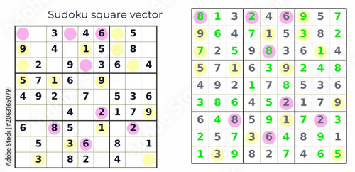 Sudoku puzzle grid with highlighted numbers and colors  
