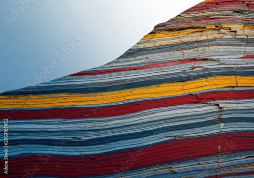 Detailed view of ancient sedimentary rock layers revealing complex stratification, profound tectonic forces, and millions of years of depositional history, history, abstract, layers