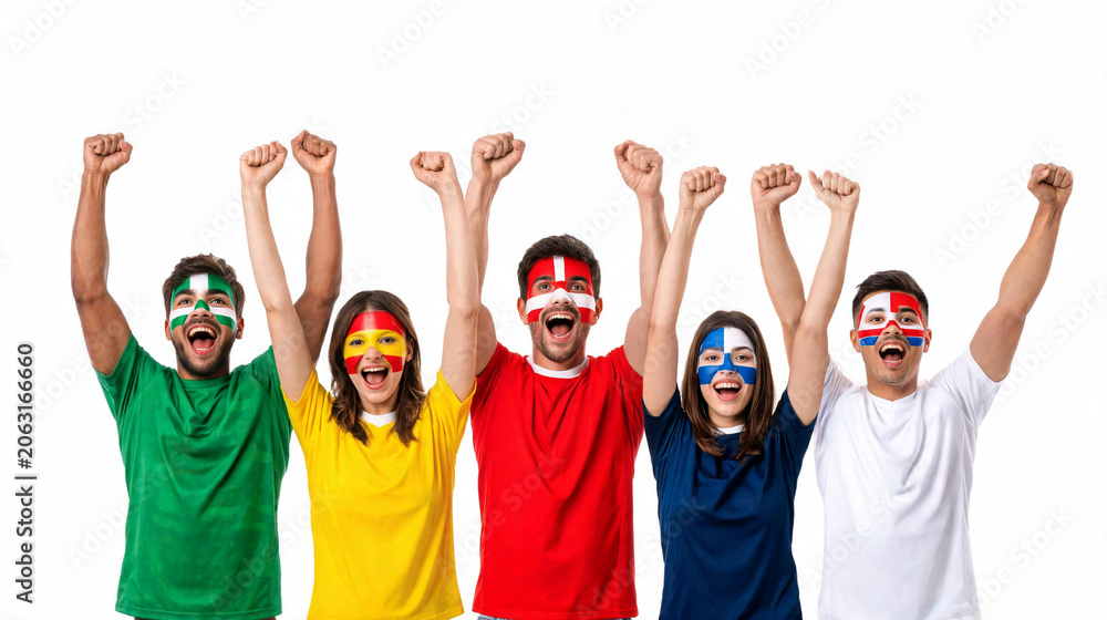 Fototapeta premium Diverse football fans celebrating, sports supporters with face paint, cheering crowd, national pride, isolated on white background, copy space, game day, victory