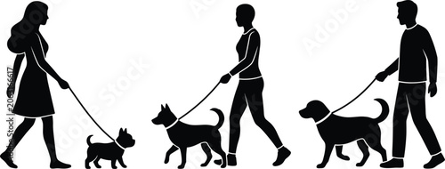 Foto Black Silhouette of People Walking Dogs on Leash, Pet Owners with Different Dog