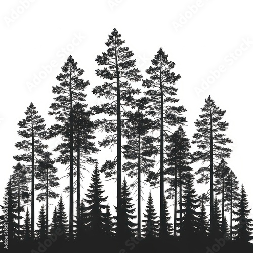 A forest of tall coniferous trees under a bright blue sky isolated on transparent background