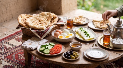 Afghan breakfast preparation, Fresh naan and tea, Eggs cheese vegetables, Low table serving, Traditional morning meal, Lifestyle flat lay