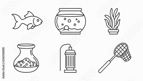 Photos Aquarium Icons: Fish, Tank, Plants, Net, Filter, Gravel