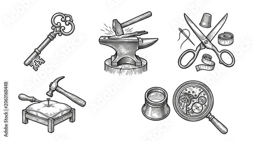 Blacksmith tools and equipment collection.