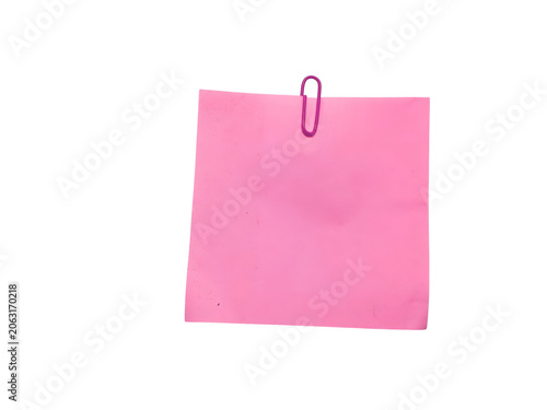 Pink sticky note with a metal paper clip isolated on transparent background