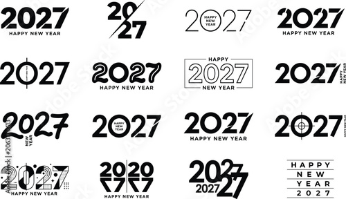 Happy New Year 2027 Typography Branding Collection with Diverse Black and White Minimalist Number Logo Designs for Corporate Media and Calendar Layouts
