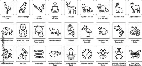 Japanese Wildlife Line Icon Set with 27 Minimalist Vector Illustrations Featuring Red-Crowned Crane Macaque Sika Deer Asiatic Black Bear and Koi Fish Symbols