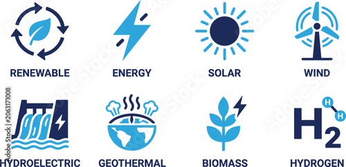 Photos Renewable energy solar wind hydroelectric geothermal biomass hydrogen power sources sustainability concept icons set