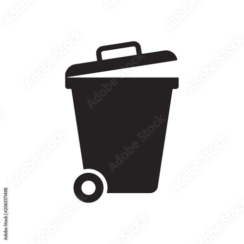 Black Trash Can Icon with Wheels and Open Lid, Minimalist Garbage Bin Vector Illustration Isolated on White Background