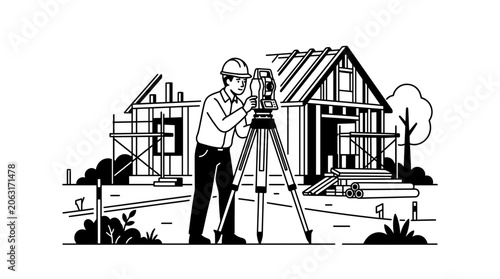 Photos Surveyor with Total Station on Tripod at Construction Site, House Framing