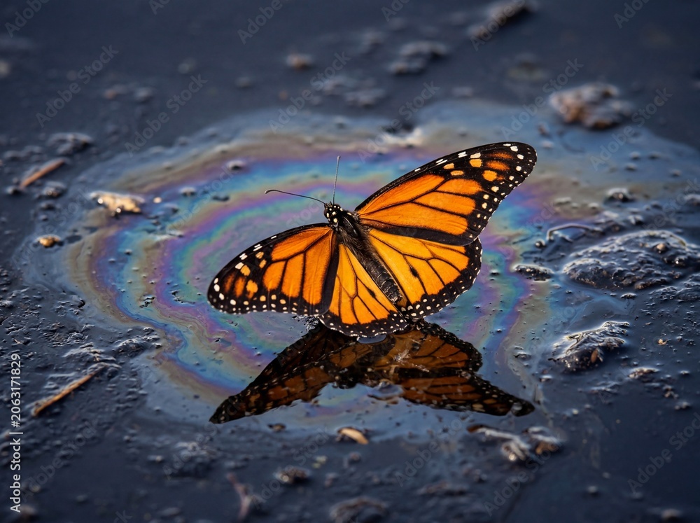 Naklejka premium Monarch butterfly on oil slick water surface