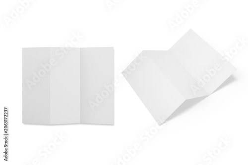 Blank white tri folded brochure mockup. Open booklet isolated. 3d rendering.
