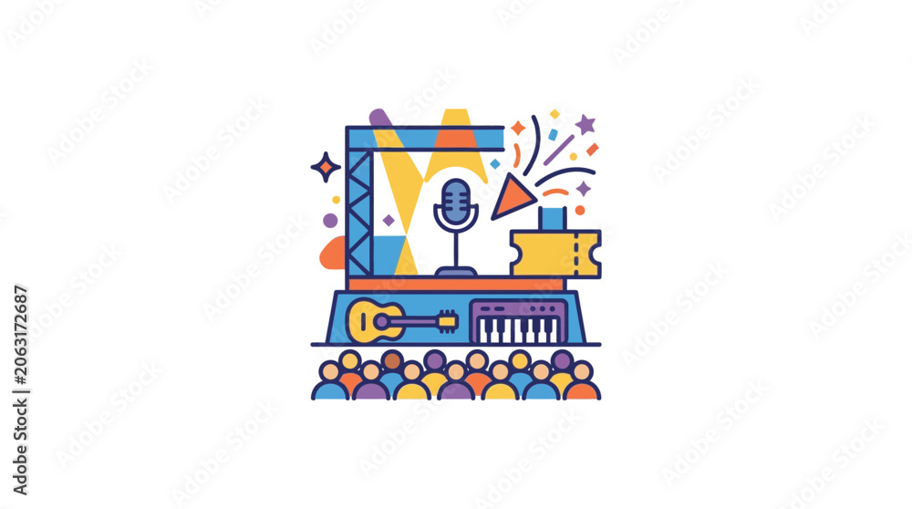 Fototapeta premium Live Music Concert Stage with Audience, Microphone, Guitar, Keyboard, Tickets