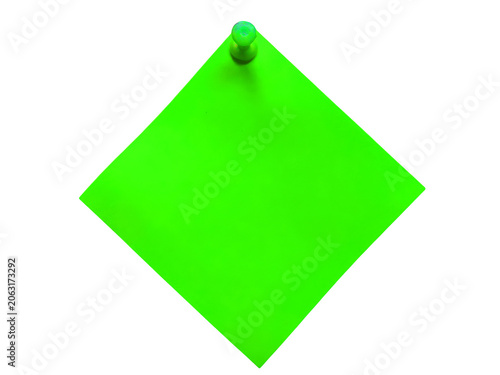 Bright green square paper note attached with a push pin isolated on transparent background