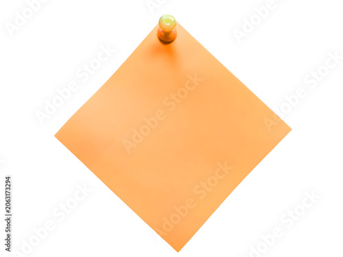 Orange sticky note pinned with a colorful push pin isolated on transparent background